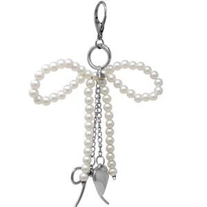 Pearl Silver Bow Heart Keychain Bag Charm